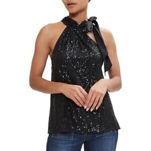 NEW Ramy Brook Women's Small Paula Sequined Tie Neck Halter Top Blouse Black